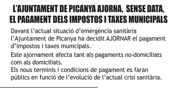 L'Ajuntament de Picanya ajorna, sense data, el pagament d'impostos i taxes municipals