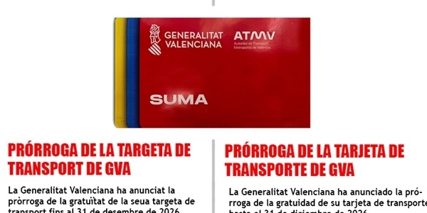 Pròrroga de la gratuïtat de la targeta de transport de GVA fins el 31 de desembre de 2026